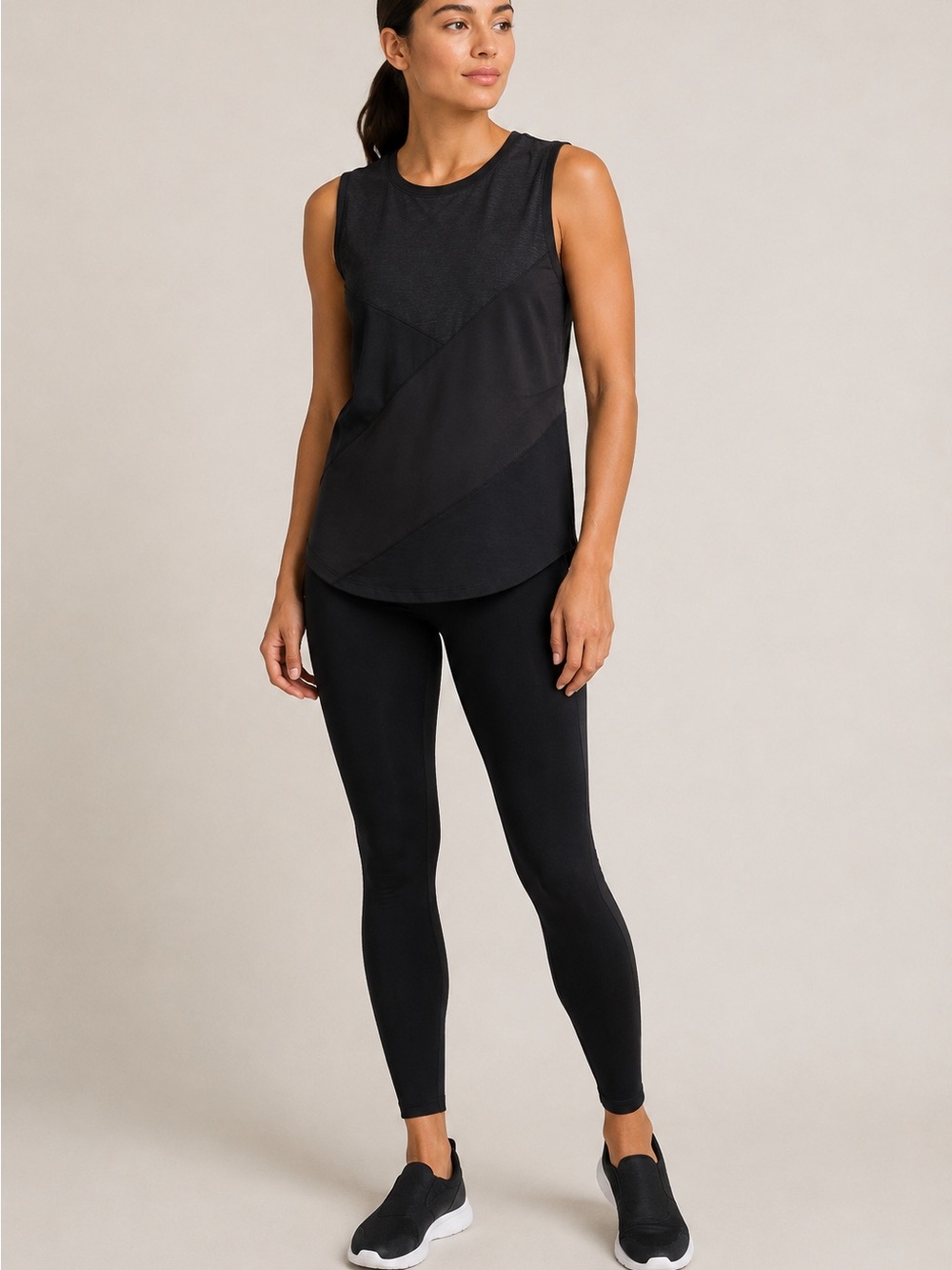 Neon Buddha Black Cotton Stretch Sleeveless Tunic Top L Raw Edge Panel
